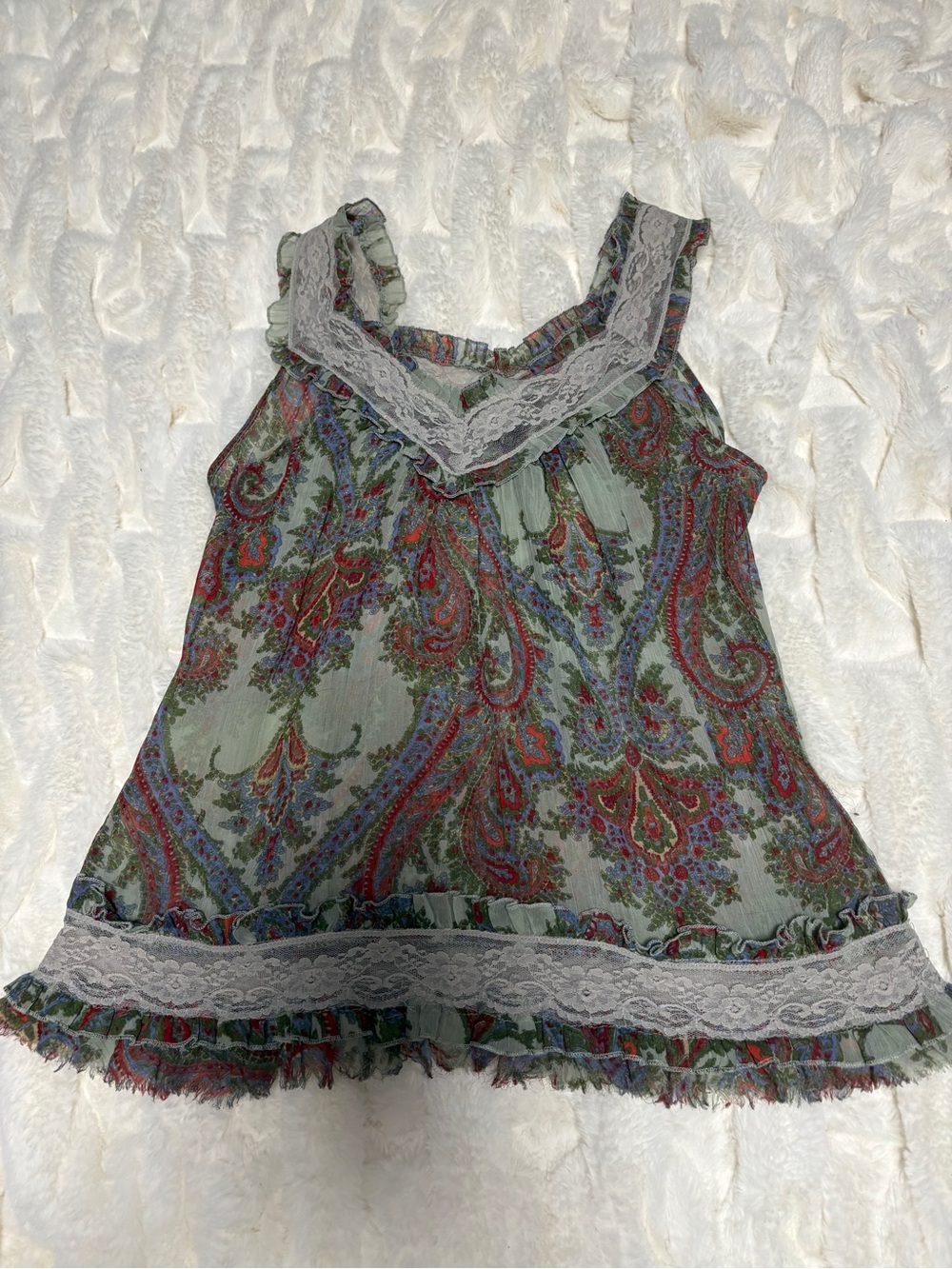 Vintage Y2K Paisley Lace Trim Chiffon Cami Tank Top, size medium